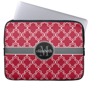 Dk Berry Red Black Moroccan Quatrefoil Monogram Laptop Fodral