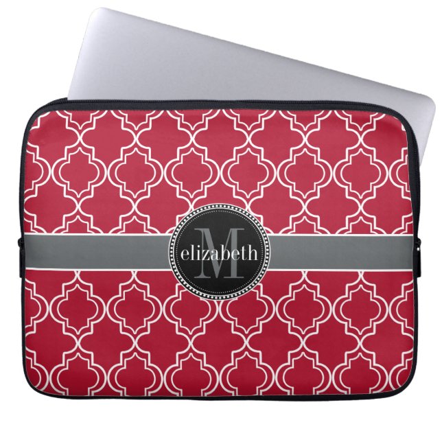 Dk Berry Red Black Moroccan Quatrefoil Monogram Laptop Fodral (Framsidan)