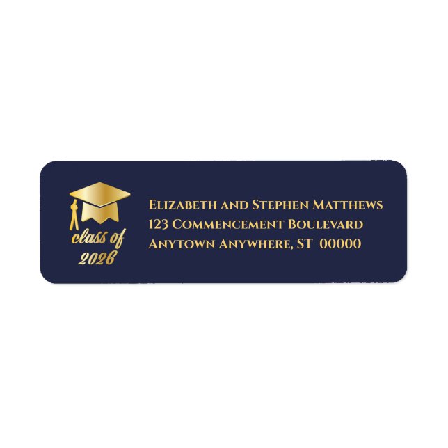 Dk Blue | Gold Class of 2026 Graduation Cap Label Returadress Etikett (Framsidan)