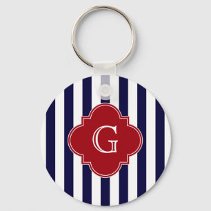 Dk Blue White Rand Cranberry Quatrefoil Monogram Nyckelring