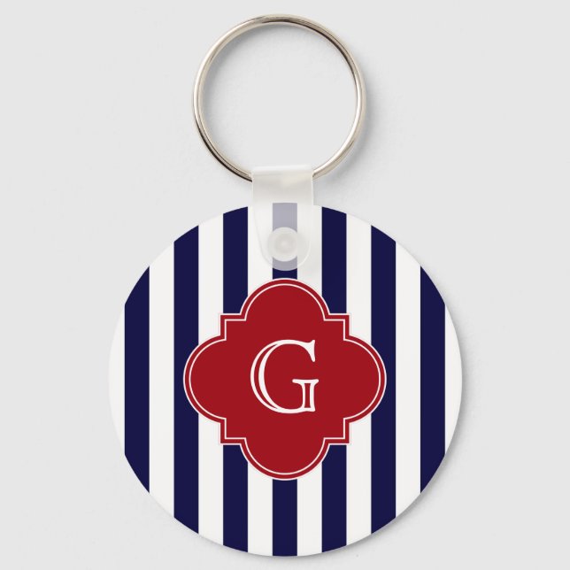 Dk Blue White Rand Cranberry Quatrefoil Monogram Nyckelring (Framsida)