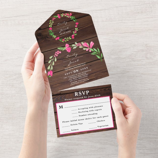 Dk Brun Rustik Trä Rosa Blommig Land Bryllop RSVP (Avrivbar del)
