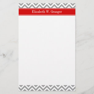 Dk Grå Vit LG Chevron Röd Namn Monogram Brevpapper