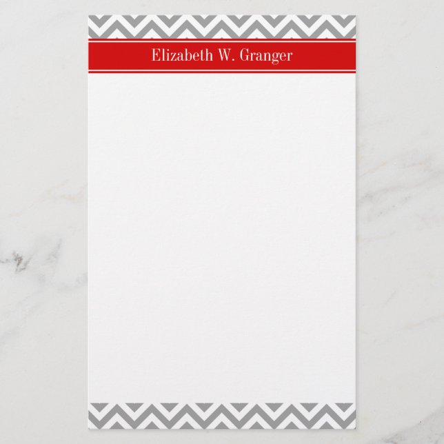 Dk Grå Vit LG Chevron Röd Namn Monogram Brevpapper (Framsida)