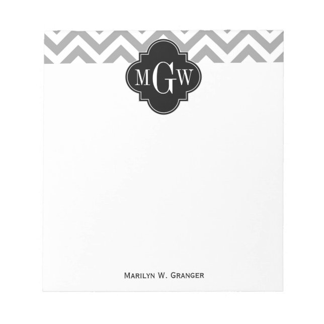 Dk Grått Lg Chevron Black Quatrefoil 3 Monogram Anteckningsblock (Framsida)