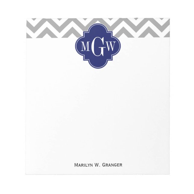 Dk Grått Lg Chevron Navy Quatrefoil 3 Monogram Anteckningsblock (Framsida)