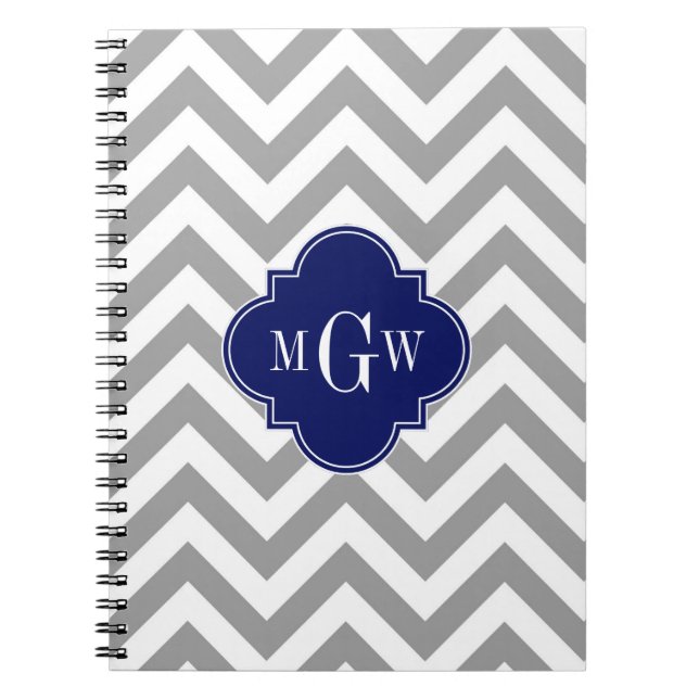 Dk Grått Lg Chevron Navy Quatrefoil 3 Monogram Anteckningsbok Med Spiral (Framsidan)