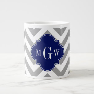 Dk Grått Lg Chevron Navy Quatrefoil 3 Monogram Jumbo Mugg