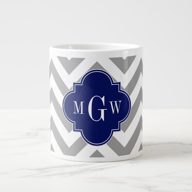 Dk Grått Lg Chevron Navy Quatrefoil 3 Monogram Jumbo Mugg (Framsidan)
