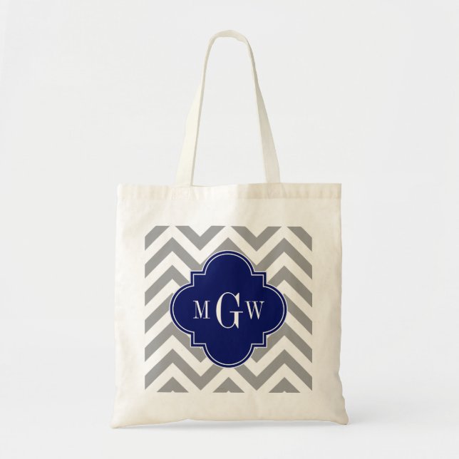 Dk Grått Lg Chevron Navy Quatrefoil 3 Monogram Tygkasse (Framsidan)