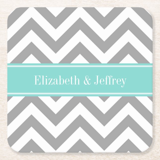 Dk Grått White LG Chevron Turcos Namn Monogram Underlägg Papper Kvadrat (Framsidan)