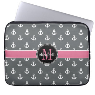 Dk Grått White Rosa Frakt Anchors Monogram Laptop Sleeve