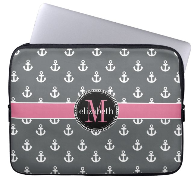 Dk Grått White Rosa Frakt Anchors Monogram Laptop Sleeve (Framsidan)