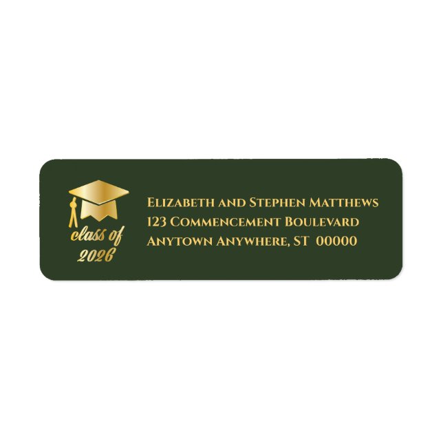 Dk Green | Gold Class of 2026 Graduation Cap Label Returadress Etikett (Framsidan)