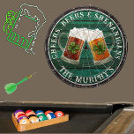 Dk Grönt Rustic Wood Cheers Öl Shenanigans Darttavla<br><div class="desc">Cheers Öl och Shenanigans Beer Stein mugg med 4 löv klöver schrock. Den här irländska Beer Drinking-Temed-tavlan är bara höger för tillfälle och gör perfekt personlig Gift,  den är underbar för studenten bröllop,  party,  familjeåterföreningar och bara vardaglig roligt. Vår mall för enkel använda gör det enkelt att anpassa sig.</div>