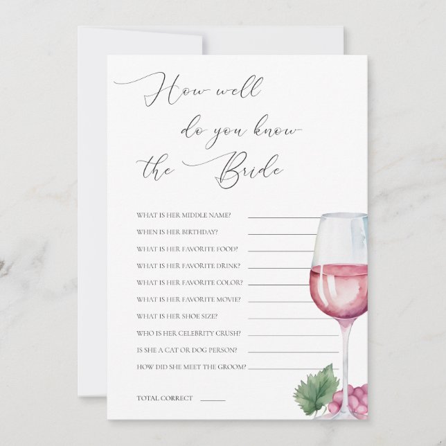 Do You Know The Bride Vino before Vows Bridal Game Inbjudningar (Framsida)