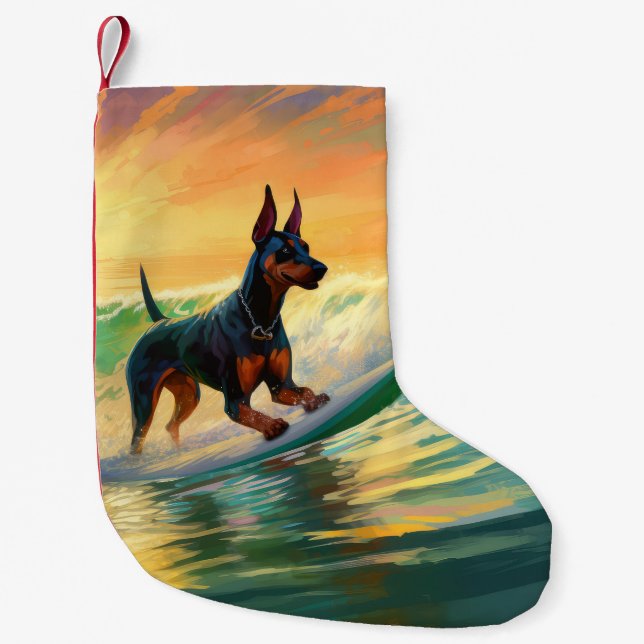 Doberman Beach Surfing Måleri Liten Julstrumpa (Framsidan)