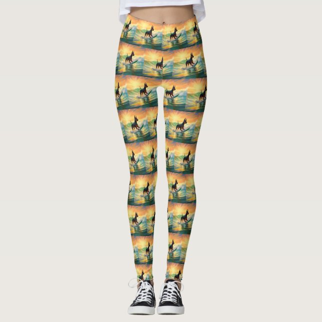 Doberman Beach Surfing Målning Leggings (Framsida)
