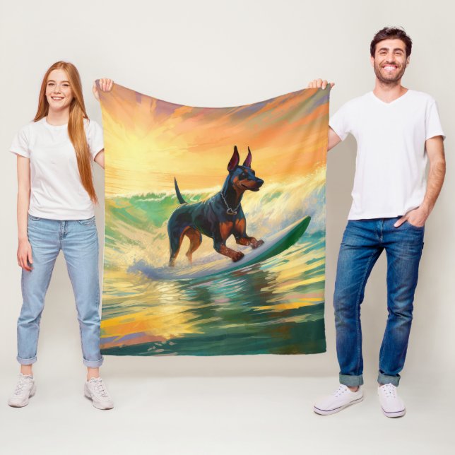 Doberman Beach Surfing Painting Fleecefilt (På plats)