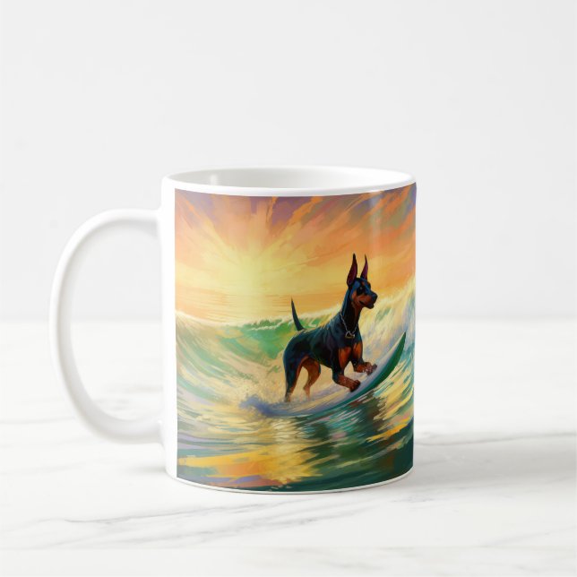 Doberman Beach Surfing Painting Kaffemugg (Vänster)