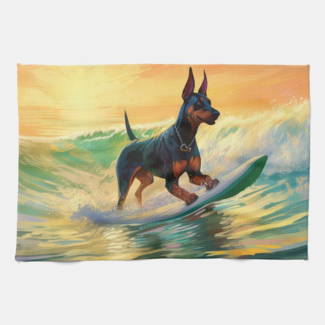 Doberman Beach Surfing Painting Kökshandduk (Horisontell)
