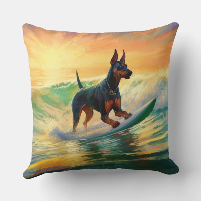 Doberman Beach Surfing Painting Kudde (Baksida)