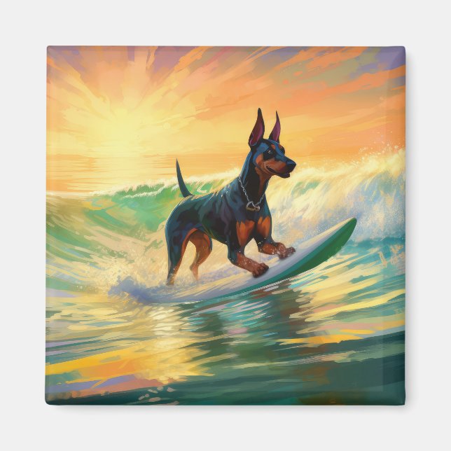 Doberman Beach Surfing Painting Magnet (Framsidan)