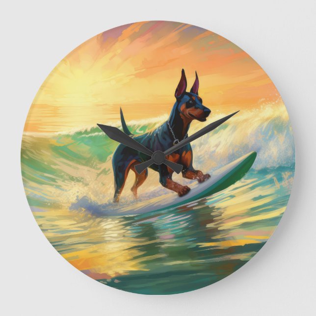 Doberman Beach Surfing Painting Stor Klocka (Framsida)