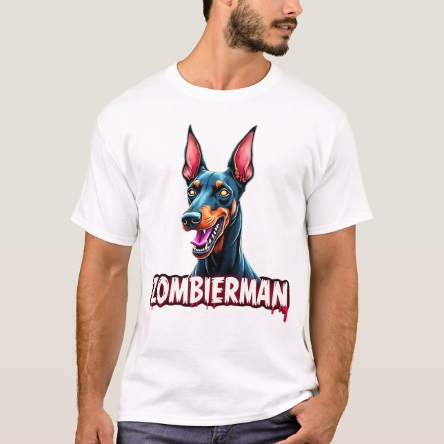 Doberman Dobie Doby Dobermann Zombie Hund Hallowee T Shirt (Framsida)
