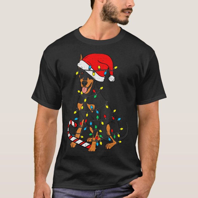 Doberman Dog Christmas Lights Santa Xmas Pet Dog L T Shirt (Framsida)