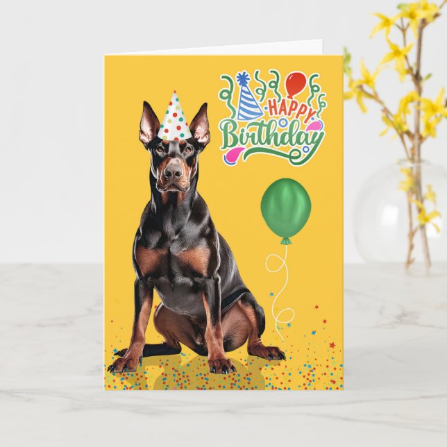 Doberman Dog Party Hat Yellow Birthday Kort (Gul blomma)