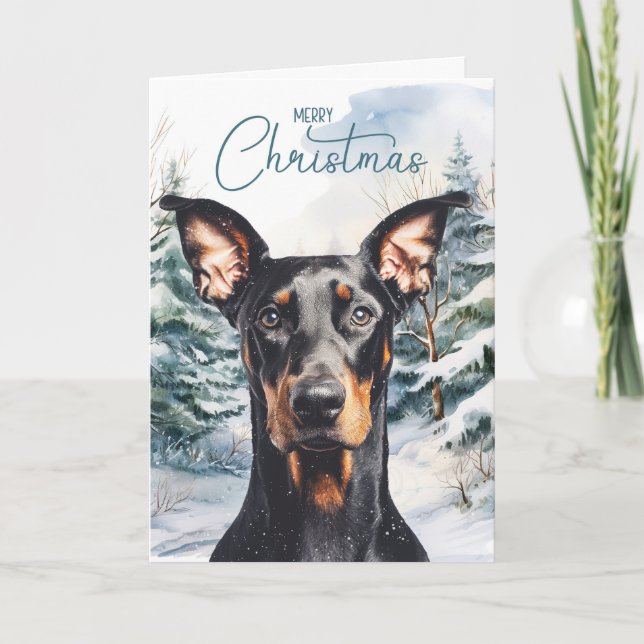 Doberman Dog Snowy Winter Pines Christmas Helgkort (Framsida)