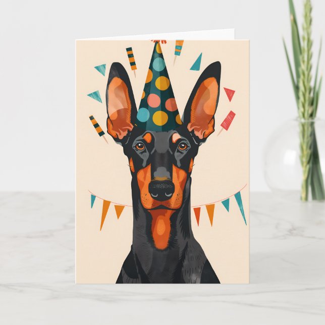Doberman Födelsedagsfest Greeting Card Tack Kort (Framsida)