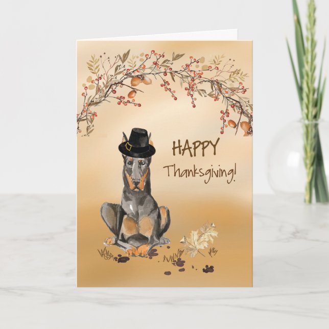 Doberman Funny Pilgrim Hat Thanksgiving Kort (Framsida)