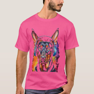 Doberman Headphone Hund Funny Animal Art Print Gra T Shirt