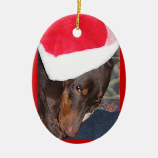 Doberman (hjälte) i den Santa hatten Julgransprydnad Keramik