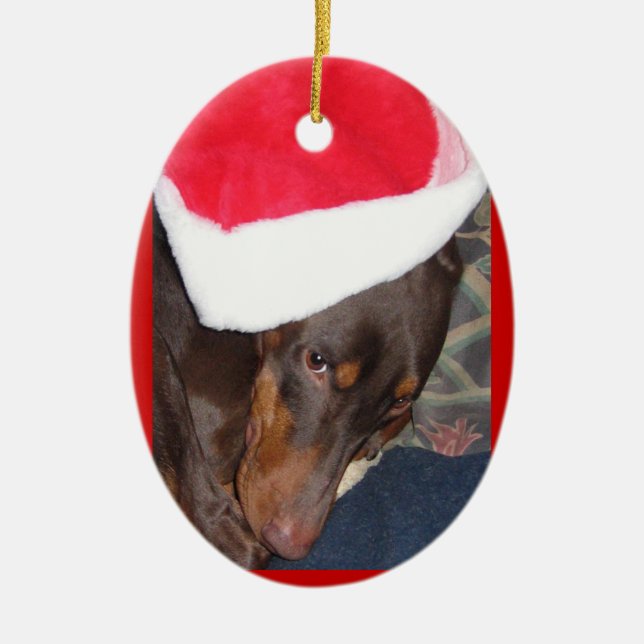 Doberman (hjälte) i den Santa hatten Julgransprydnad Keramik (Framsidan)