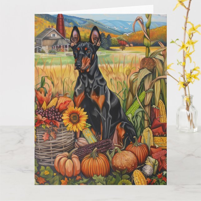 Doberman Hund Autumn Harvest Thanksgiving Kort (Gul blomma)
