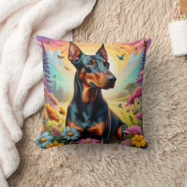 Doberman Hund, blommor och bergscen Kudde (Filt)
