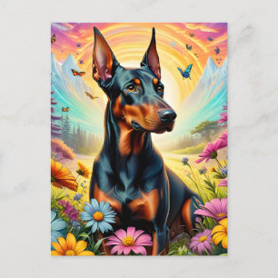 Doberman Hund, blommor och bergscen Vykort