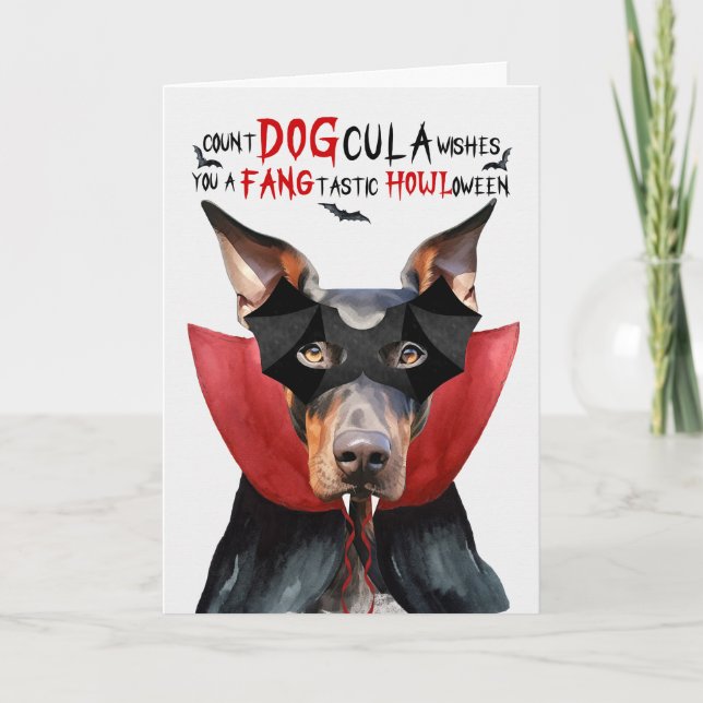 Doberman Hund Funny Count DOGcula Halloween Helgkort (Framsida)
