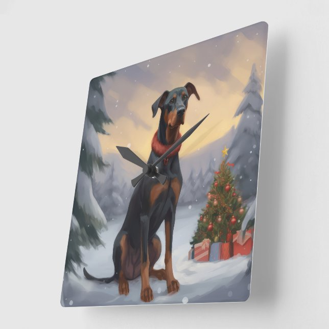 Doberman Hund i Snö jul Fyrkantig Klocka (Vinkel)