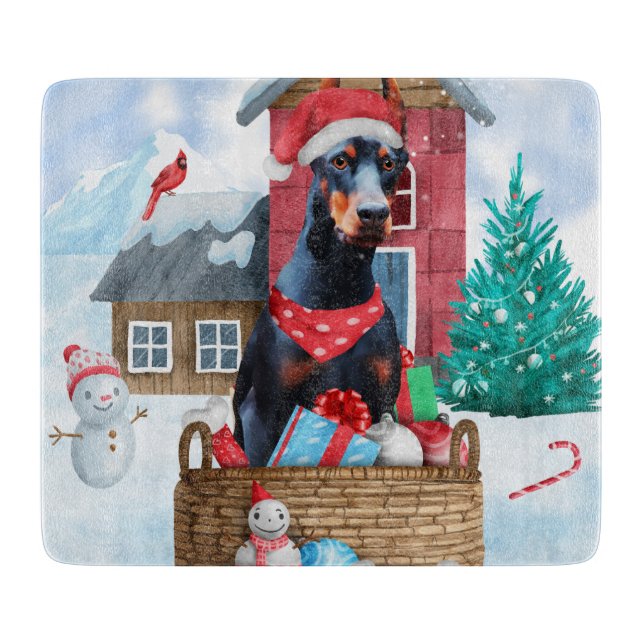 Doberman Hund i snö julhuset Hund (Framsidan)