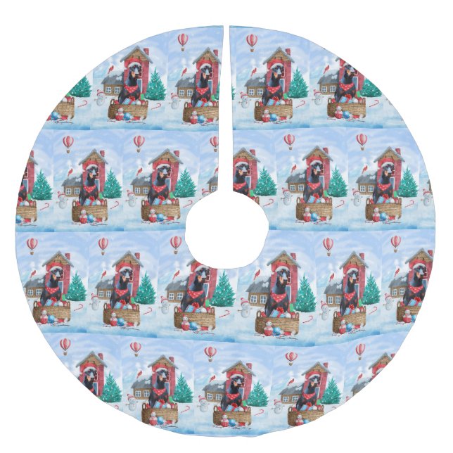 Doberman Hund i snö julhuset Hund Julgransmatta Borstad Polyester (Framsidan)