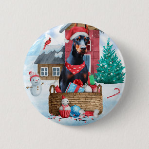 Doberman Hund i snö julhuset Hund Knapp