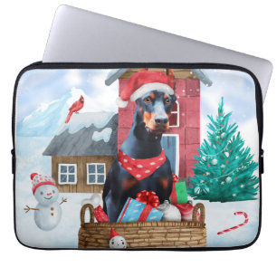 Doberman Hund i snö julhuset Hund Laptop Fodral