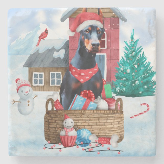 Doberman Hund i snö julhuset Hund Stenunderlägg (Framsidan)