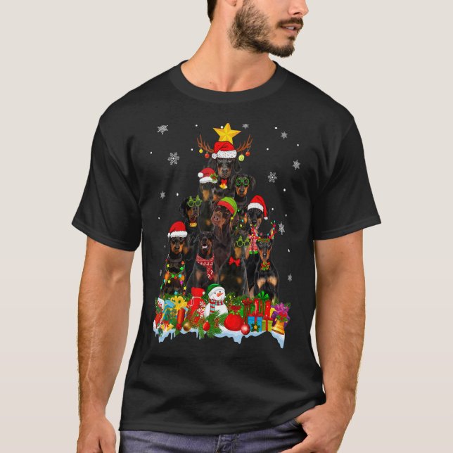 Doberman Hund Julgran Ljus Julafton Santa Hat T Shirt (Framsida)