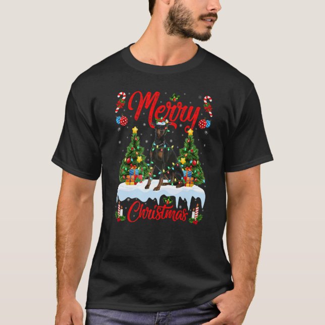 Doberman Hund Ljus Julafton Träd Santa Doberman Ch T Shirt (Framsida)