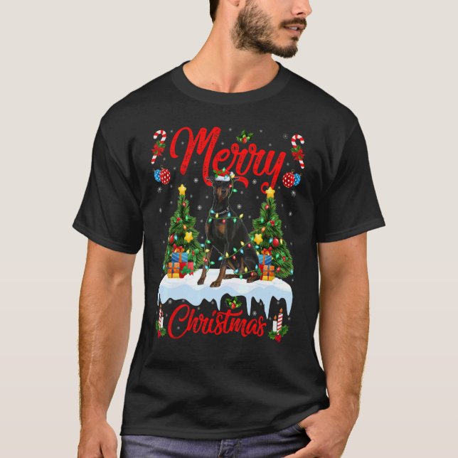 Doberman Hund Ljus Julafton Träd Santa Doberman Ch T Shirt (Framsida)